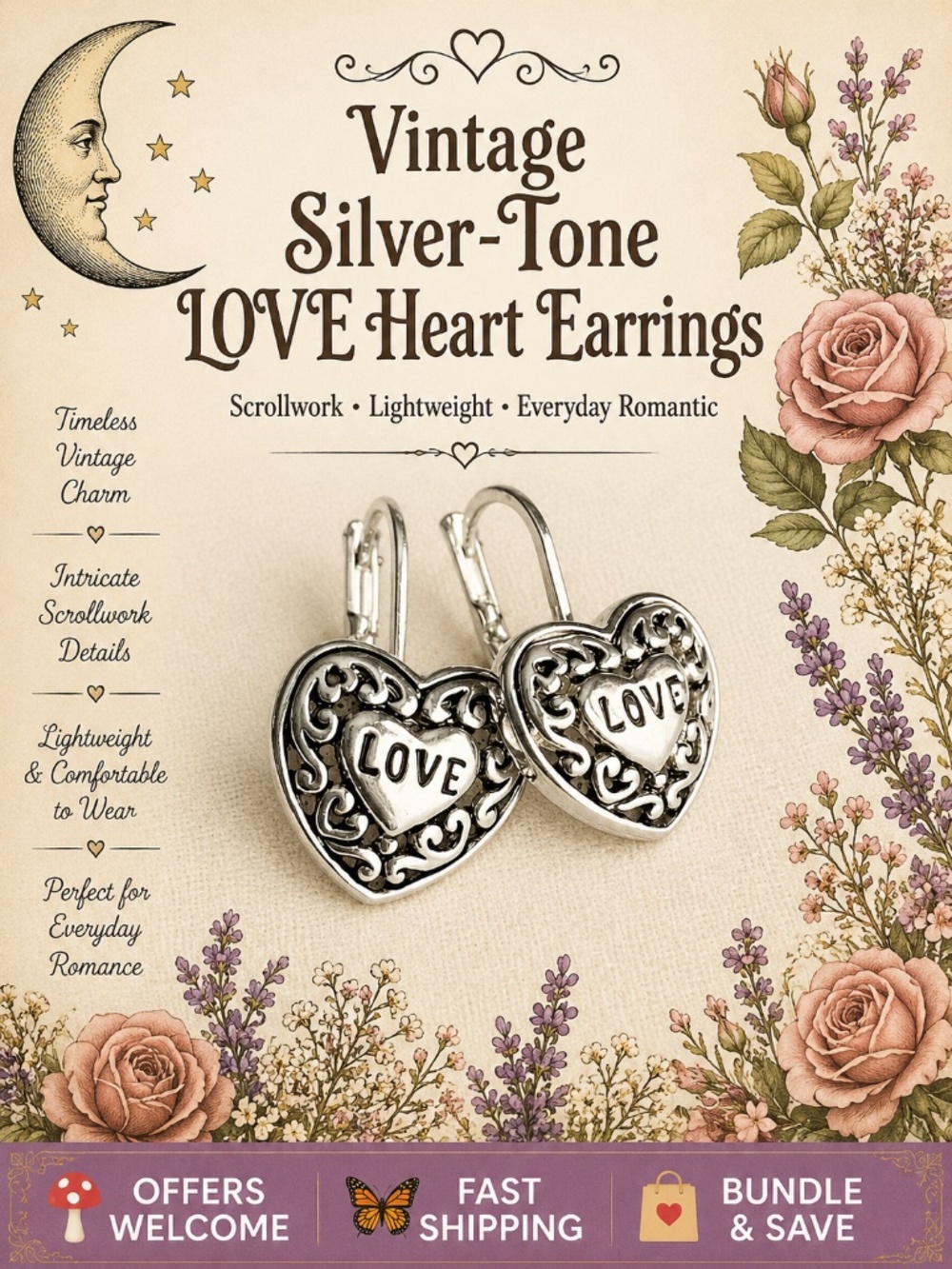 Vintage Silver‑Tone LOVE Heart Earrings Scrollwork Lightweight Dangles